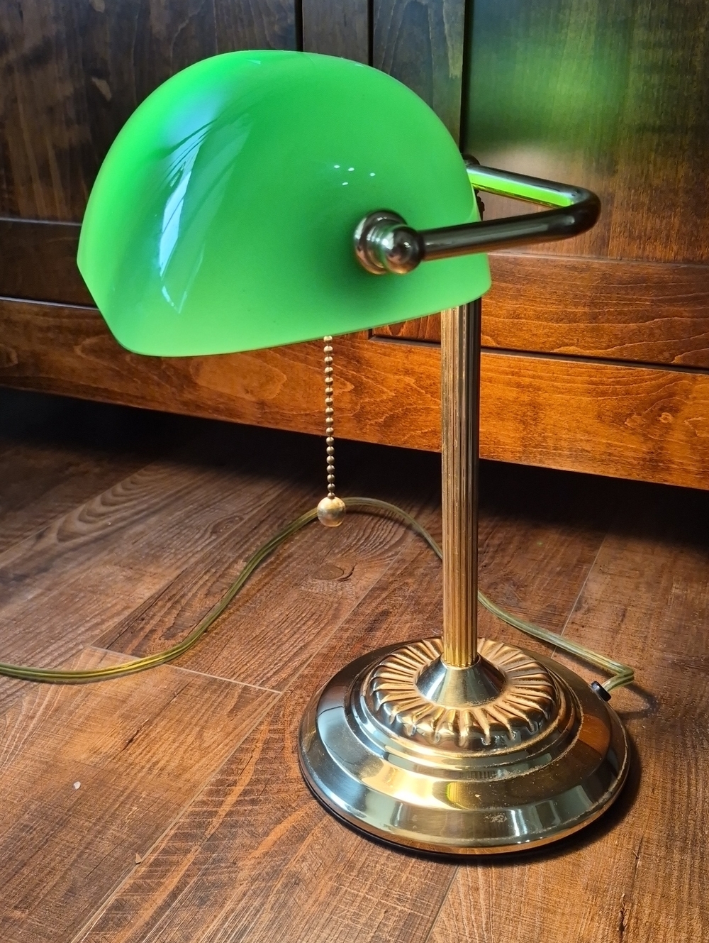 Green Banker Table Lamp with Brass Colored Base